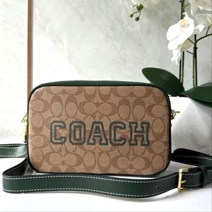 Coach Jamie Camera Bag In Signature Canvas With Varsity Motif Gold/Khaki/Amazon